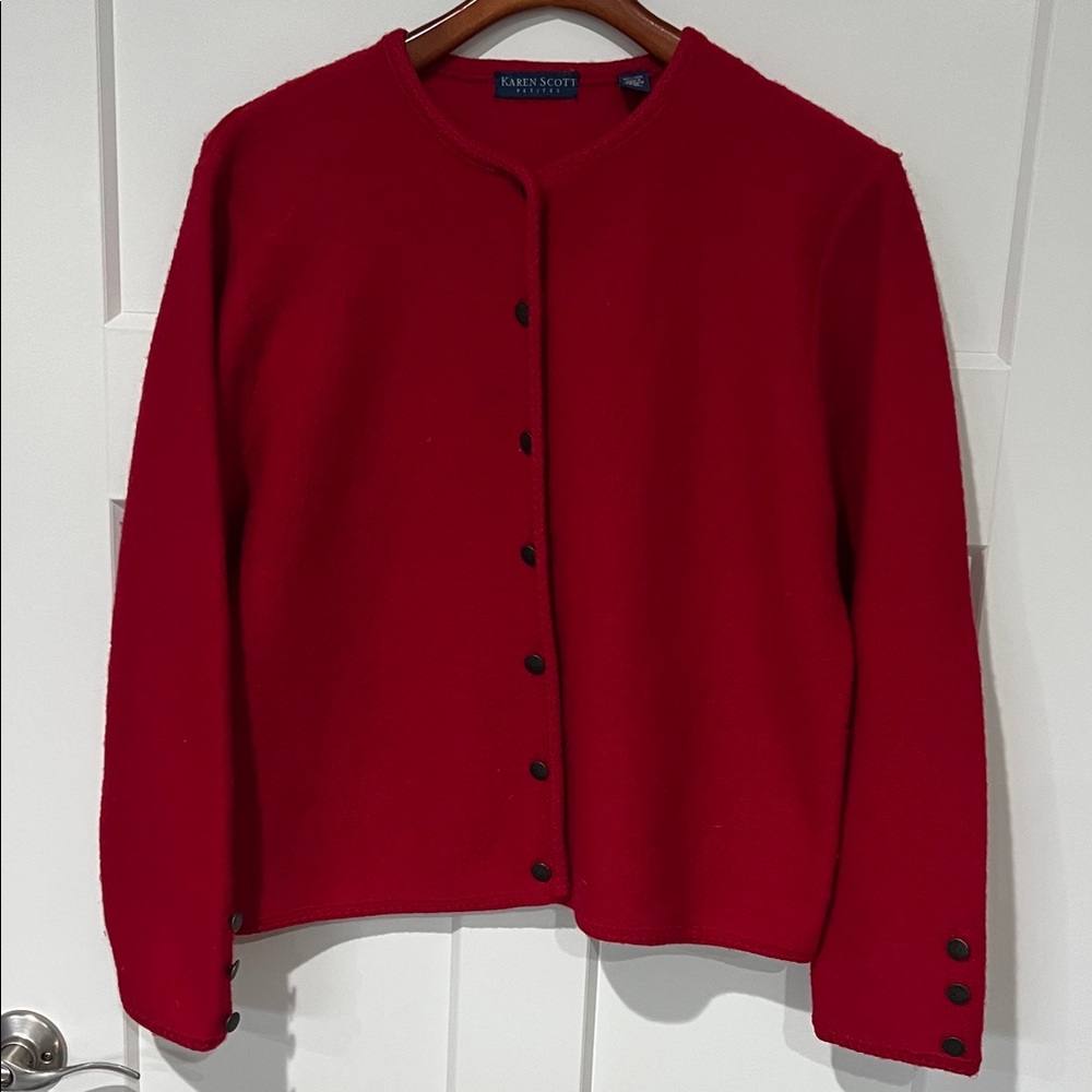 Karen Scott Women's Bold Red 100% Wool Cardigan Sz PXL